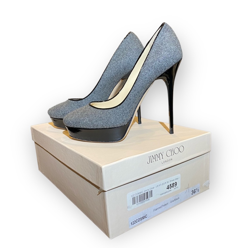 Jimmy Choo Grey Flannel and Black Patent Leather Heels